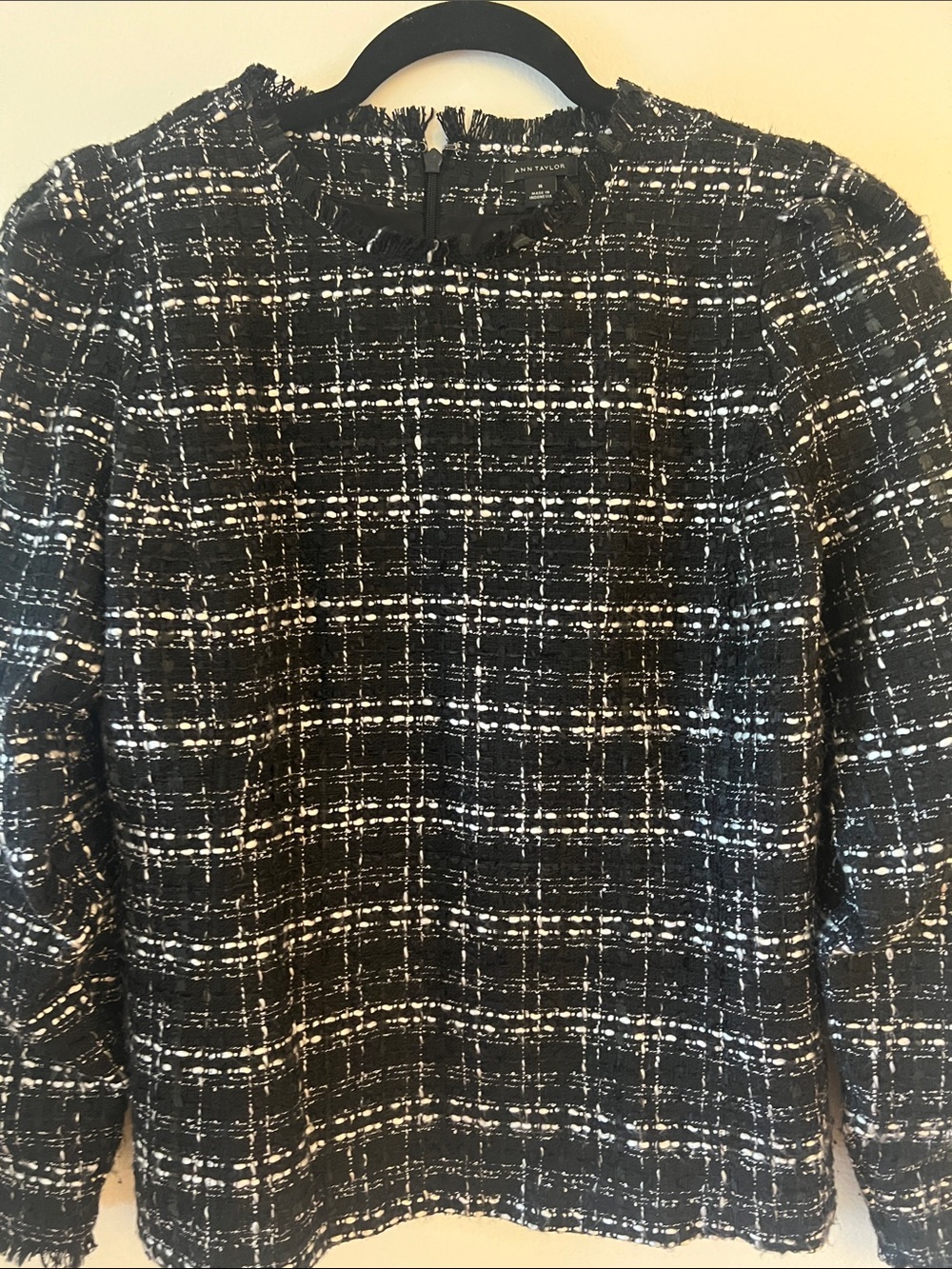 Ann Taylor Black & White Tweed Blazer with Fringe Trim